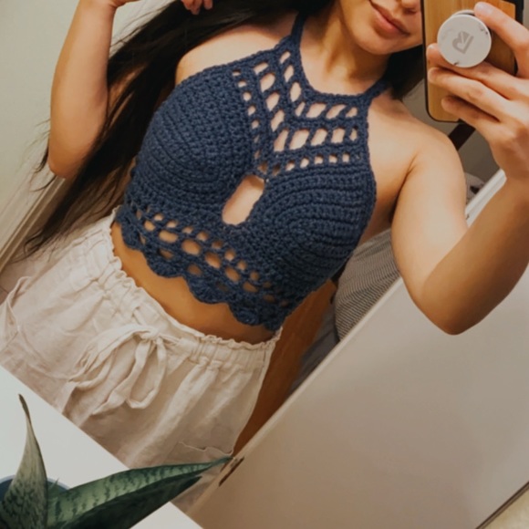 *SOLD* Blue Halter Crochet Bralette - Picture 1 of 3